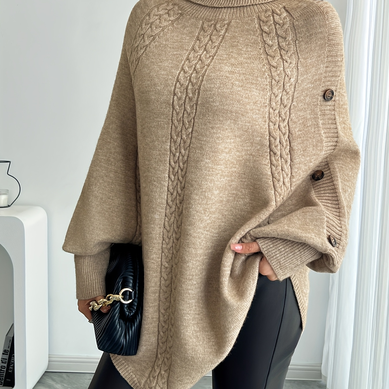 

Elegant Cable Knit Turtleneck Sweater For Women - Chic Batwing Sleeves, Button Detail, High Stretch Fabric, Fall/winter