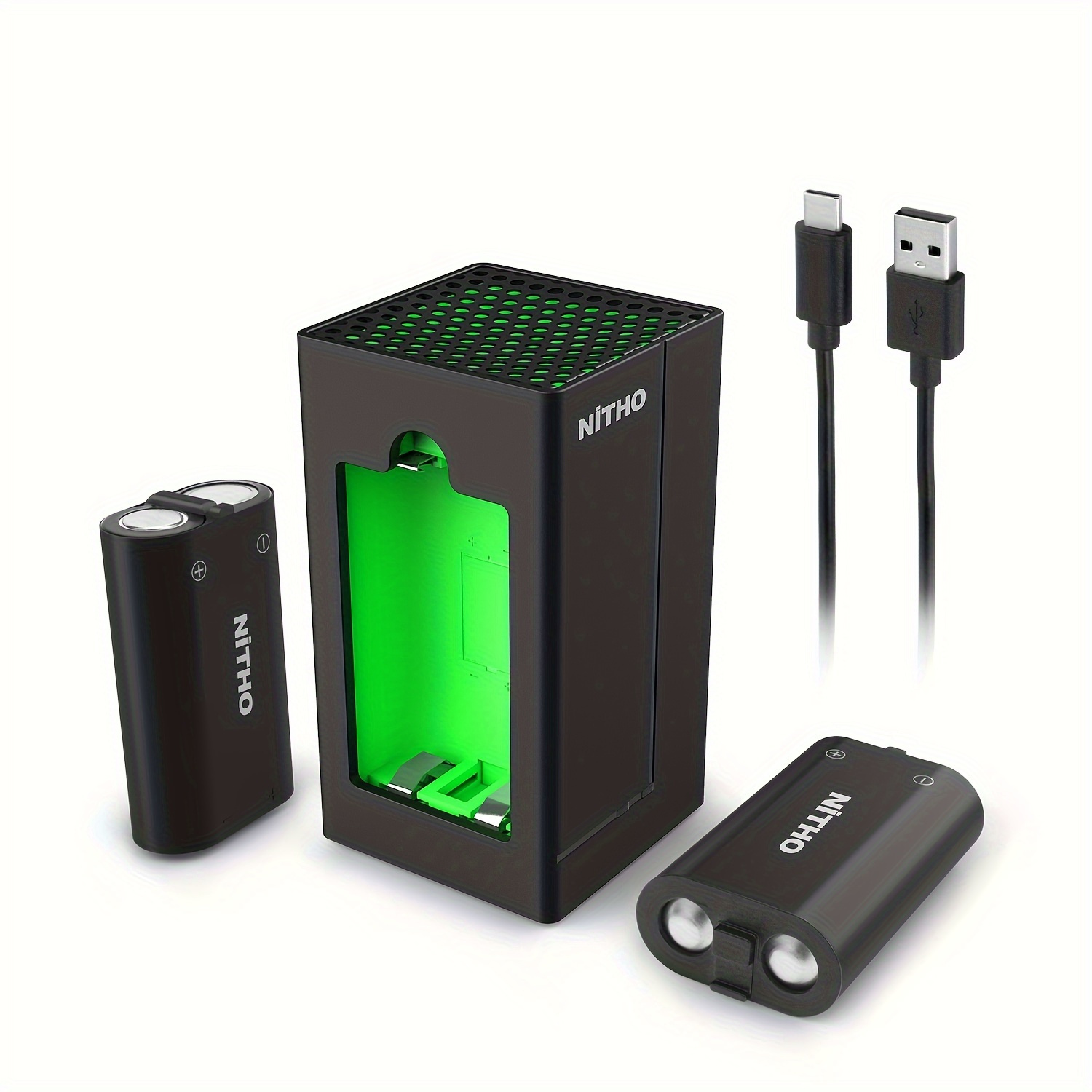 NiTHO 充電器ボックス Xbox One/Xbox シリーズ X/S コントローラーと互換性あり、緑色のアンビエント  ライト付きコンパクト充電ステーション、LED ステータス ライト、大容量充電式バッテリー パック 2 個付属
