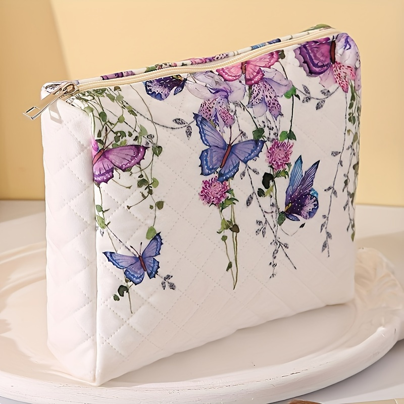 

Butterfly & Floral Print Quilted Makeup Bag - Portable Cosmetic Organizer With Zipper, Multi-function Storage Pouch For Travel, Polyester, Non-waterproof, Scent-free, Tool & Accessory Carry Case - 1pc