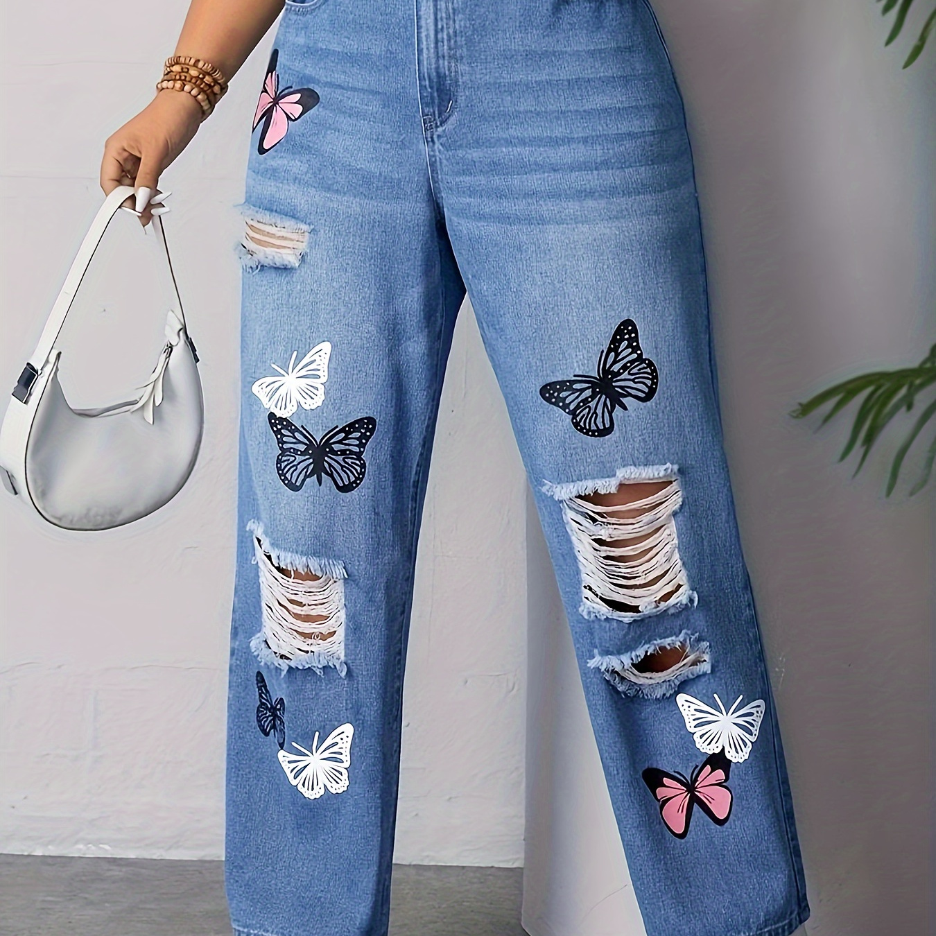 

Women's Y2k Streetwear Jeans, Plus Size Butterfly Print Ripped Whiskering Straight Leg High Rise Denim Pants