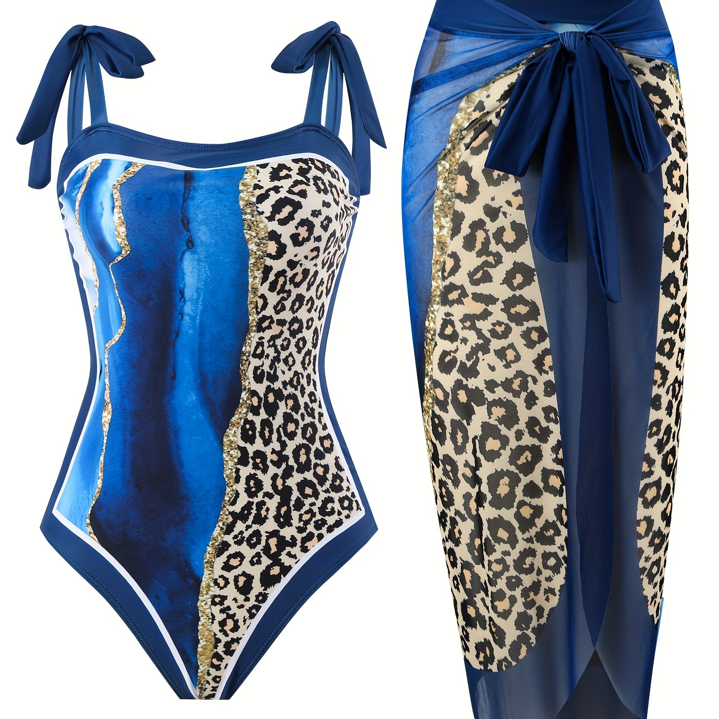 

Leopard Merble Print Blue 2 Piece Swimsuits, Tie Shoulder Elegant Stretchy One-piece Bathing-suit & Cover Up Skirt, Women's Swimwear & Clothing