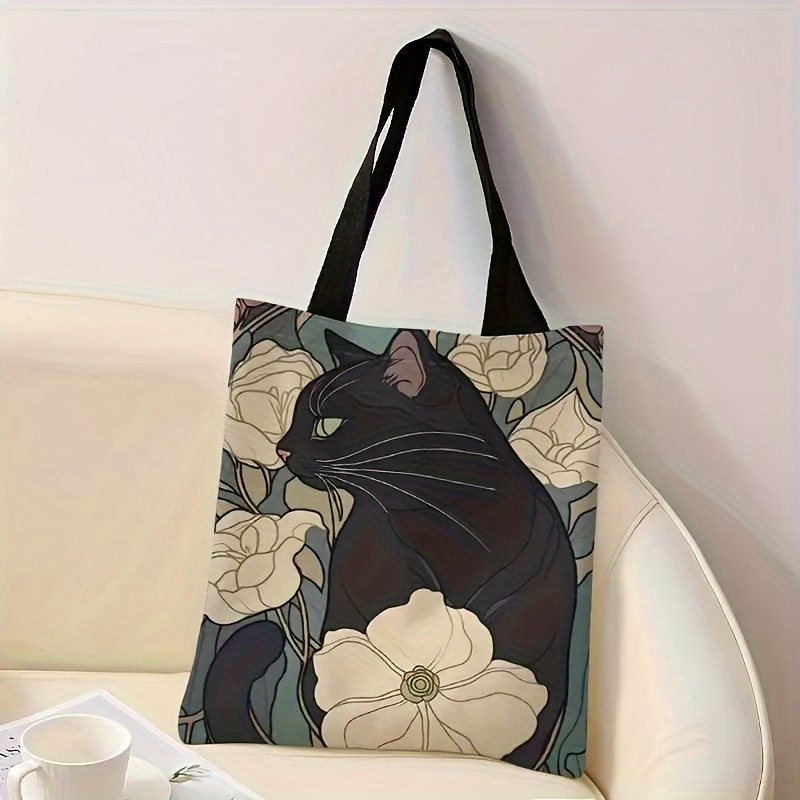 

Camellia Black Cat Pattern Double-sided Printed Casual Tote Bag, Reusable Fashionable Bag, Multi Functional Handbag, Printed Shopping Bag