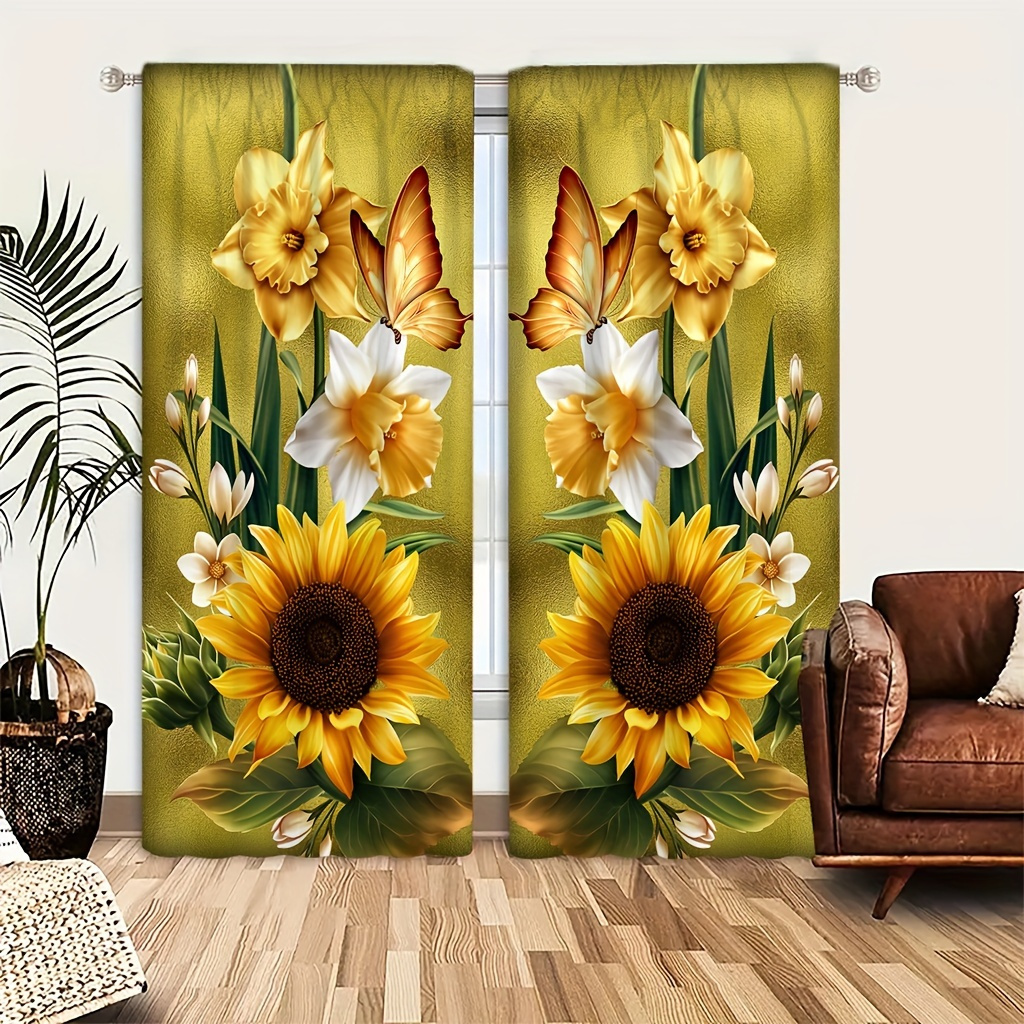 

2pcs, Yellow Cottage Sunflower Flower Curtain Butterfly Protection Privacy Curtain, Suitable For Living Room Decoration, Bedroom Blackout, Bathroom Waterproof Shower Curtain Kitchen Home Decoration