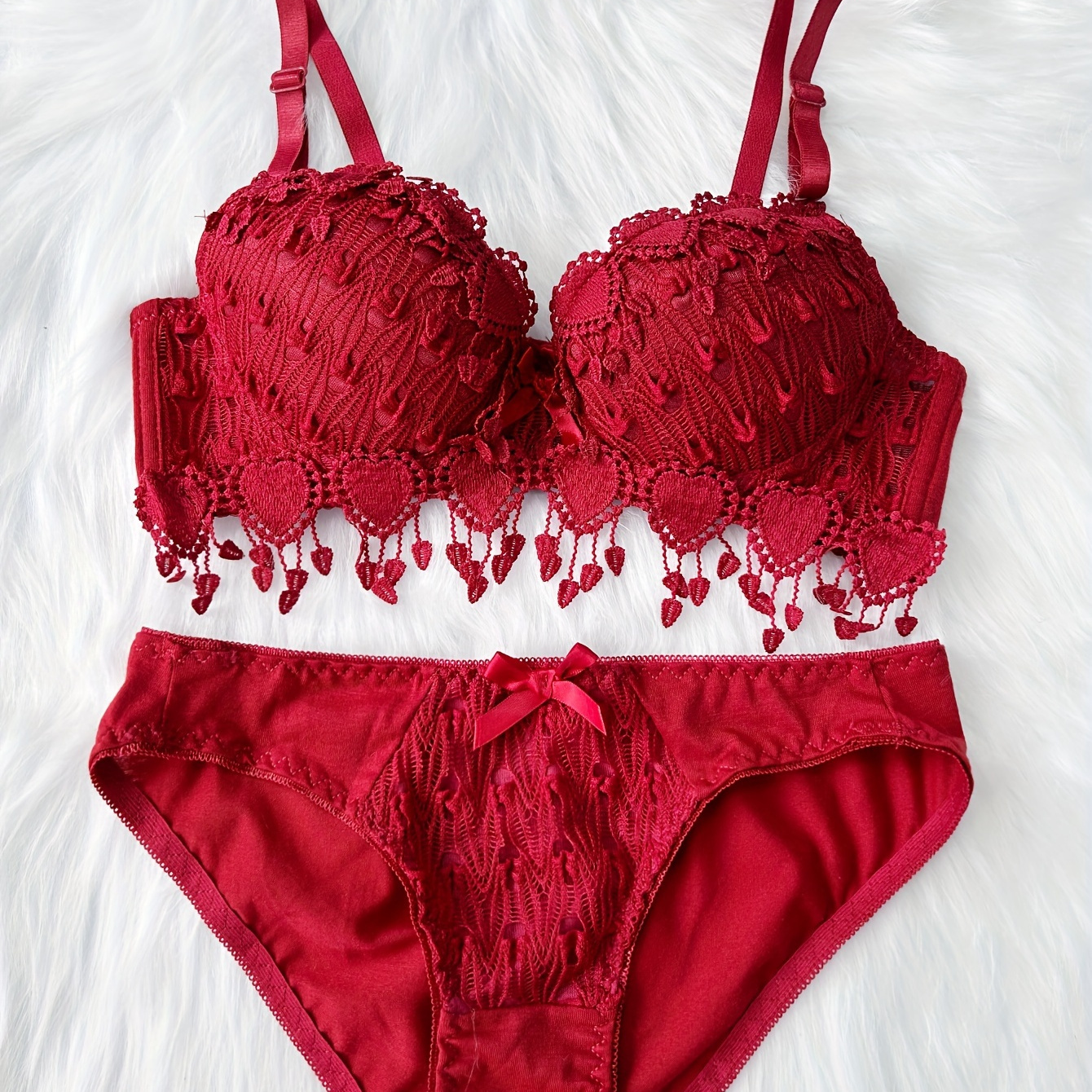 

Romantic Red Heart Embroidery Lingerie Set For Women, Mid- Push-up Bra With Removable Pads And Low-rise Briefs, Nylon/elastane/polyester , Sexy, Bra Set