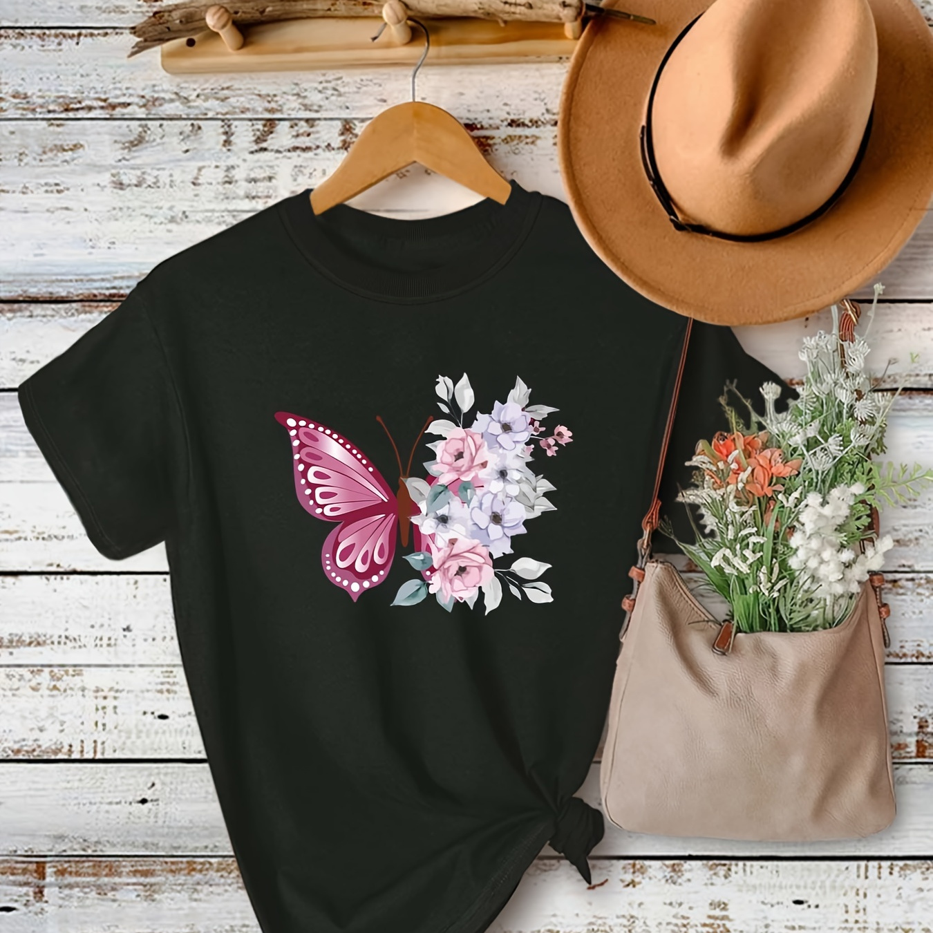 

Butterflies And Flowers Print Crew Neck T-shirt, Loose Casual Short Sleeve Fashion Summer T-shirts Tops, Women's Clothing