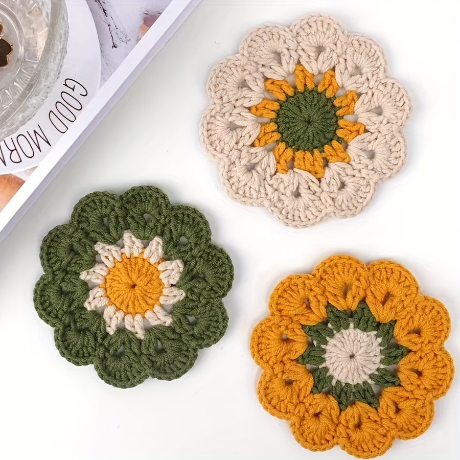 

Handmade Crochet Coaster Set Of 3 - Vintage Floral Cotton Knit Fabric Place Mats, Round Heat Resistant Table Decor, 100% Cotton Blend, Hand Wash Only