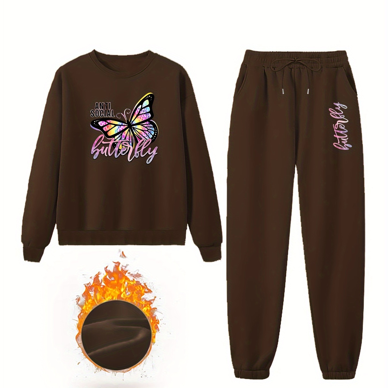 

2pcs Casual Sports Set, Butterfly Print Long Sleeve Fashion Round Neck Sweatshirt & Drawstring Elastic Waist Running Sweatpants Suit, Women's Activewear