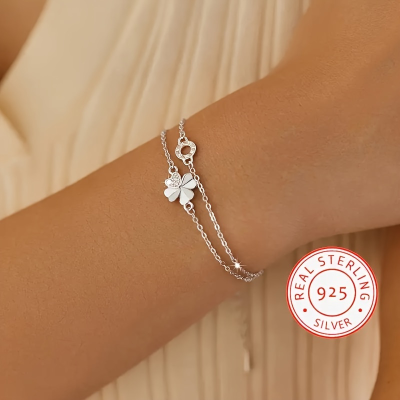 

S925 Sterling Silver Elegant Zircon Decor Chain Bracelet, Lucky 4 Leaf Clover Roman Number Ring Decor Charm Bracelet