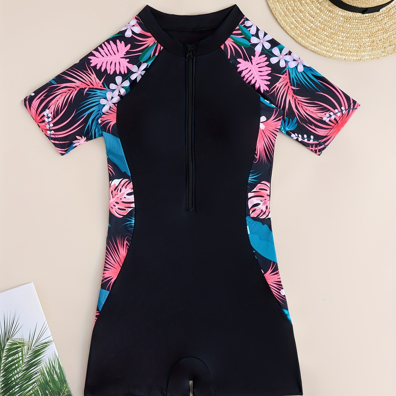 

Tropical Print Zipper Front Water Sports Swimsuit, Patchwork Short Sleeve Medium Stretch Bathing Suits, Women's Swimwear & Clothing
