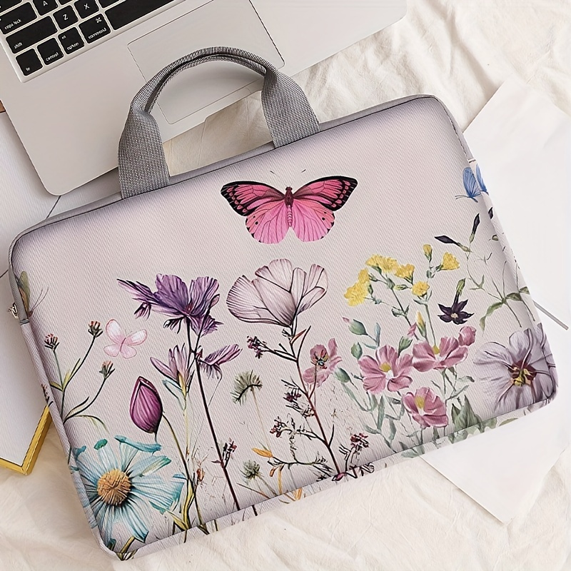 

1pc Butterfly Flower Printed Notebook Computer Bag, Simple Briefcase, Notebook Computer Protective Bag, Laptop Tablet Commuter Briefcase, File Storage Bag