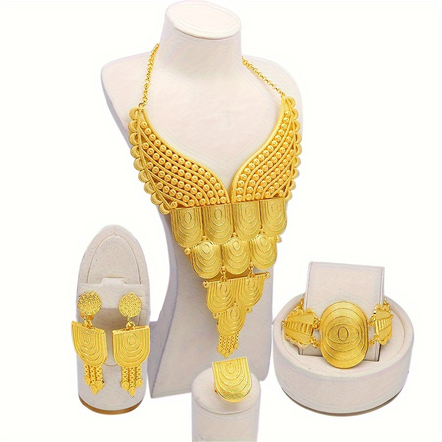 

Exquisite Golden Spiral Pattern Dangle Earrings & Bracelet & Necklace & Ring Luxury Ethnic Style Ramadan Banquet Jewelry Set