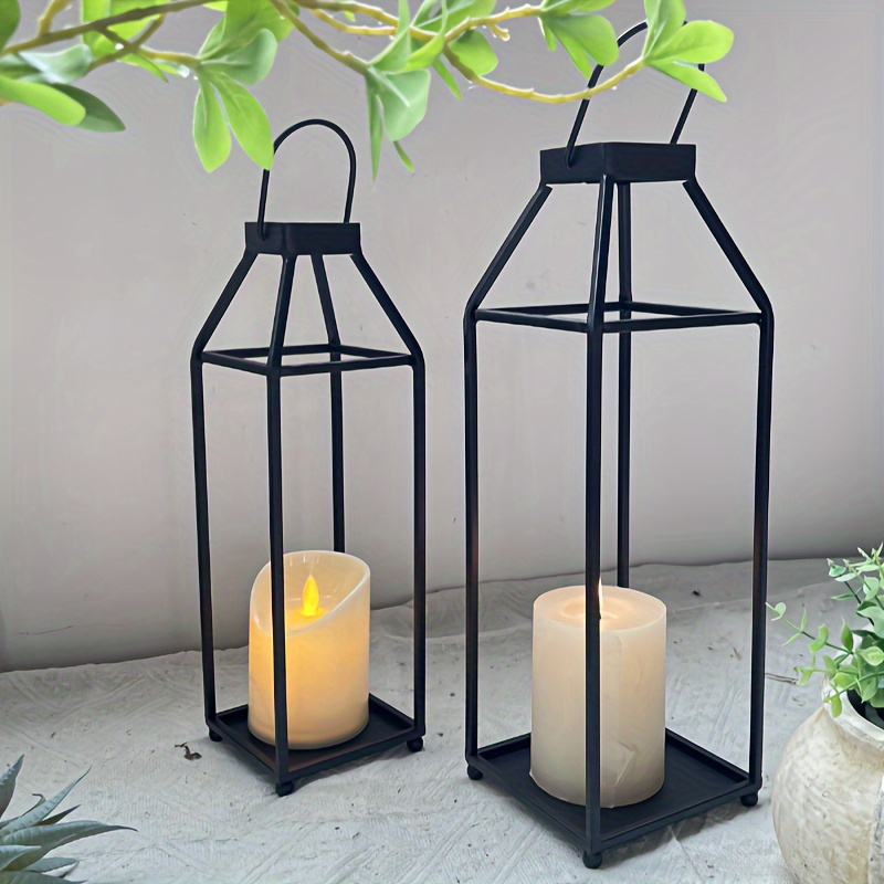 

Set Of 2 Large Black Metal Candle Lanterns - Modern Farmhouse Style For Indoor, Outdoor, Tabletop, And Porch Decor (no Glass Included)