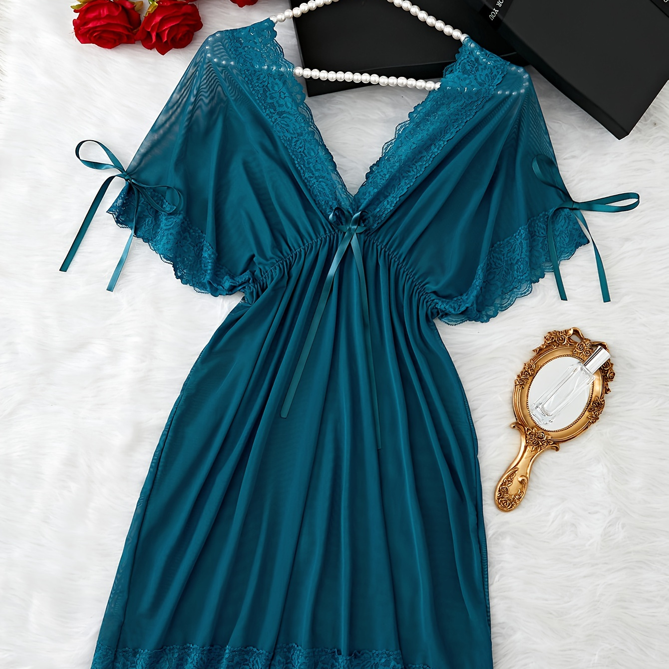 

Women's Sexy Solid Mesh Semi Sheer Lace Trim Sleepwear Dress, Bow Tie Batwing Sleeve V Neck Nipped Waist Dress, Comfortable Nightgown