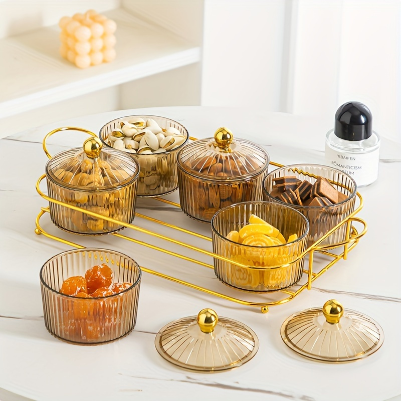 

1set, Luxe Snack Serving Set, Plastic Dried Fruit & Candy Dishes With Lids On Golden Tray, Decorative Partitioned Tabletop Display For Living Room Coffee Table