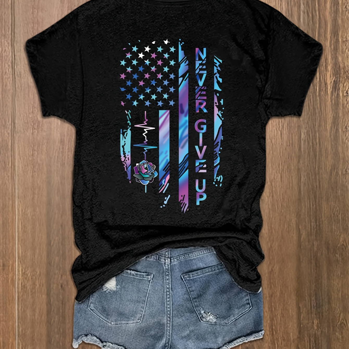 

Flag & Slogan Print Summer T-shirt, Vintage Short Sleeve Crew Neck Top, Women's Clothing