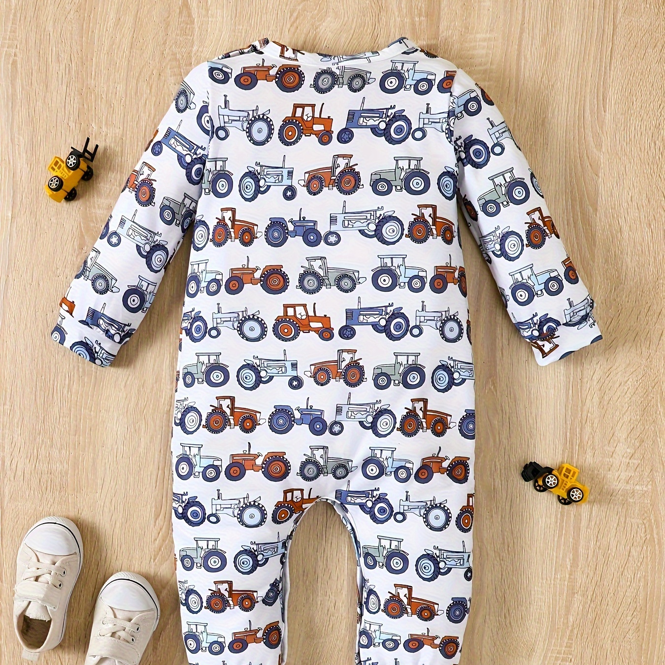 

Infant's Cute Cartoon Tractor Full Print Bodysuit, Comfy Long Sleeve Onesie, Baby Boy's Clothing