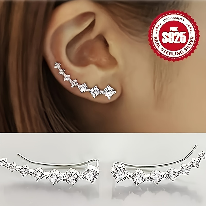 

Elegant 925 Sterling Silver Stud Earrings With Synthetic Cubic Zirconia, Cute Curved Design For Women, Fashion Jewelry, Ideal For Gift- And All