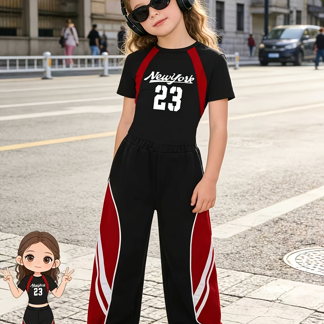 2pcs Set: Girls' Casual and Fashionable Short-sleeve Cropped T-shirt Paired with Casual Straight-leg Trousers. A Mid-child Set Suitable for Daily Comfortable Outings and Basic Minimalist Wear, Perfect for Outdoor