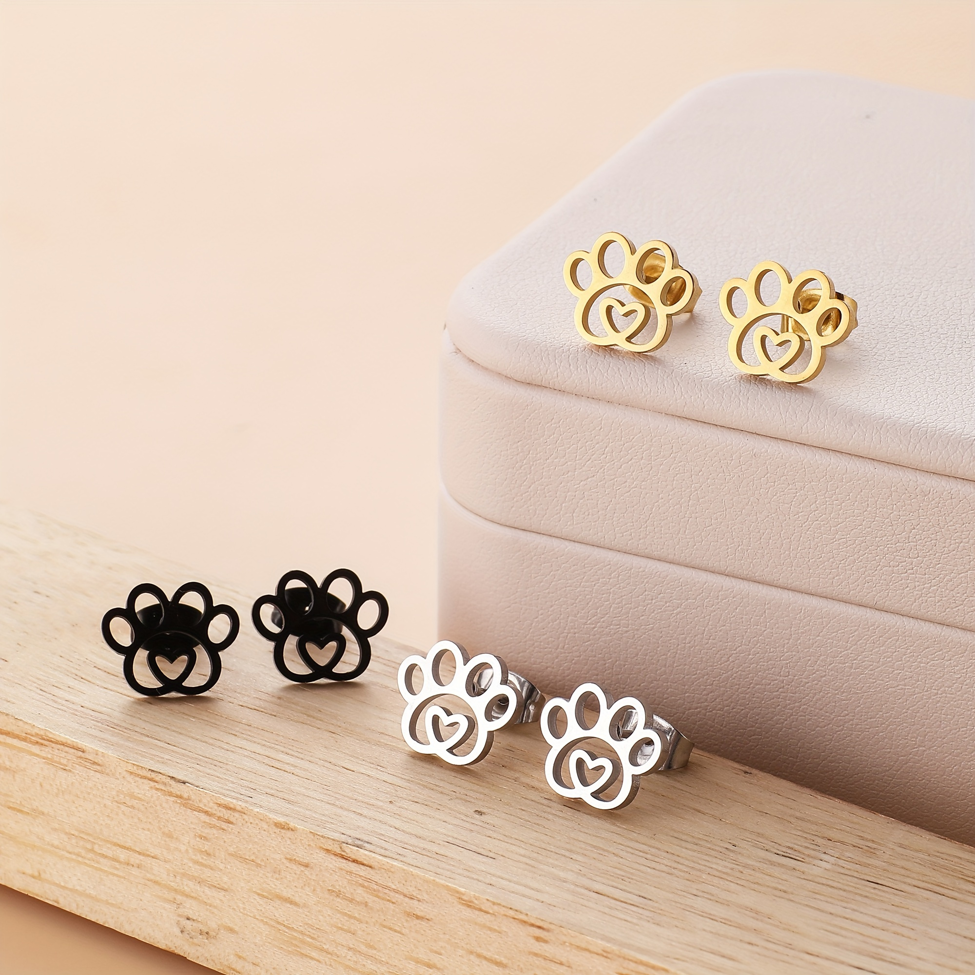 

3 Pairs Set Of Tiny Adorable Hollow Pets Claw Shaped Stud Earrings Simple Leisure Style Lightweight Female Ear Decor For Daily