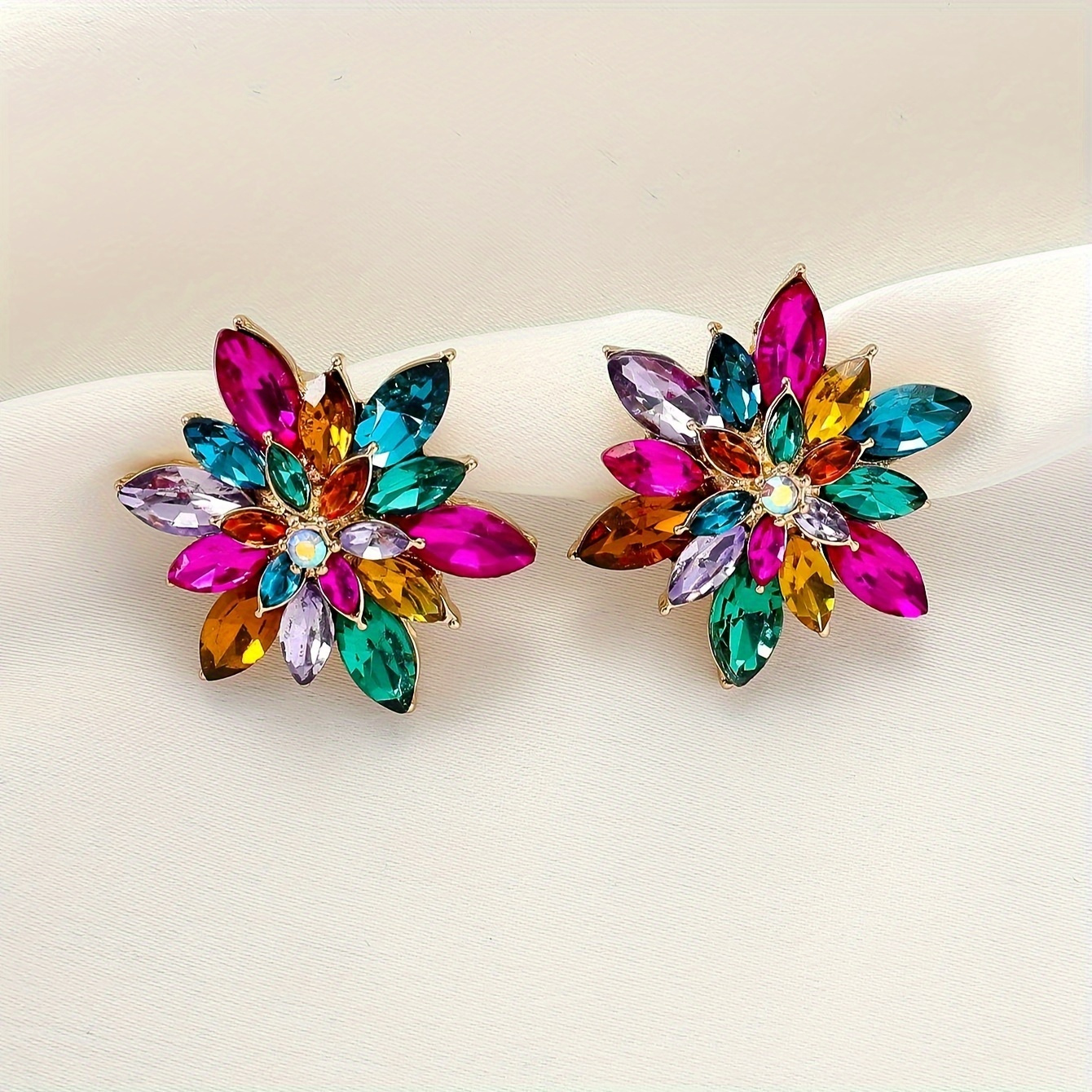 

Sparkling Flower Shaped Stud Earrings Copper Jewelry Embellished With Colorful Zircon Vintage Bohemian Style Party Earrings