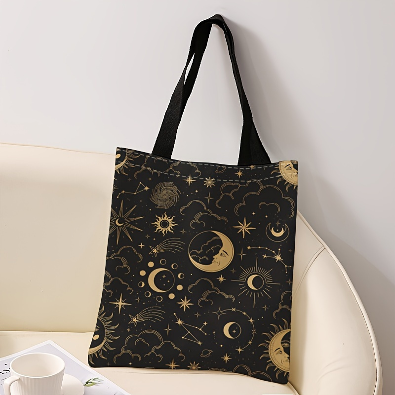 

Sun And Moon Pattern Printed Casual Tote Bag, Lightweight Grocery Shopping Bag, Aesthetic Shoulder Bag For School, Travel