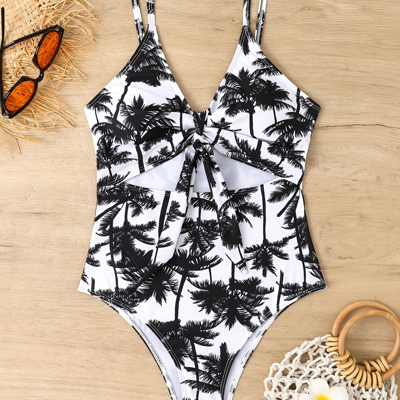 

Coconut Tree Print Cut Out 1 Piece Swimsuit, Tummy Control Knot Front Black Bathing Suit, Women's Swimwear & Clothing