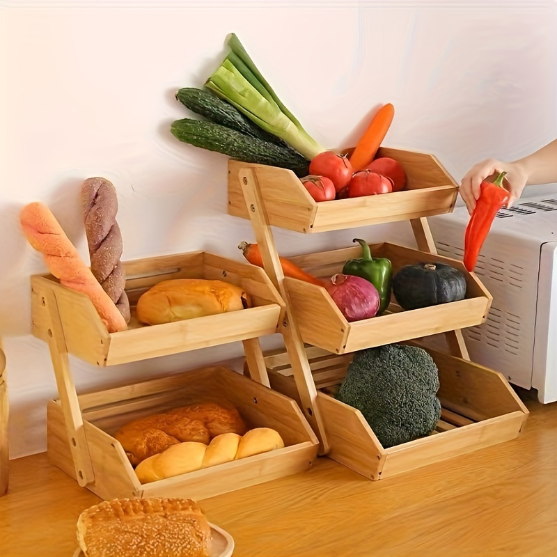 

stackable Solution" Modern Bamboo 2-tier Or 3-tier Fruit Basket - Versatile Kitchen Organizer For Vegetables, Bread & Snacks, Stackable Countertop Storage Rack With Space-saving Display Tray