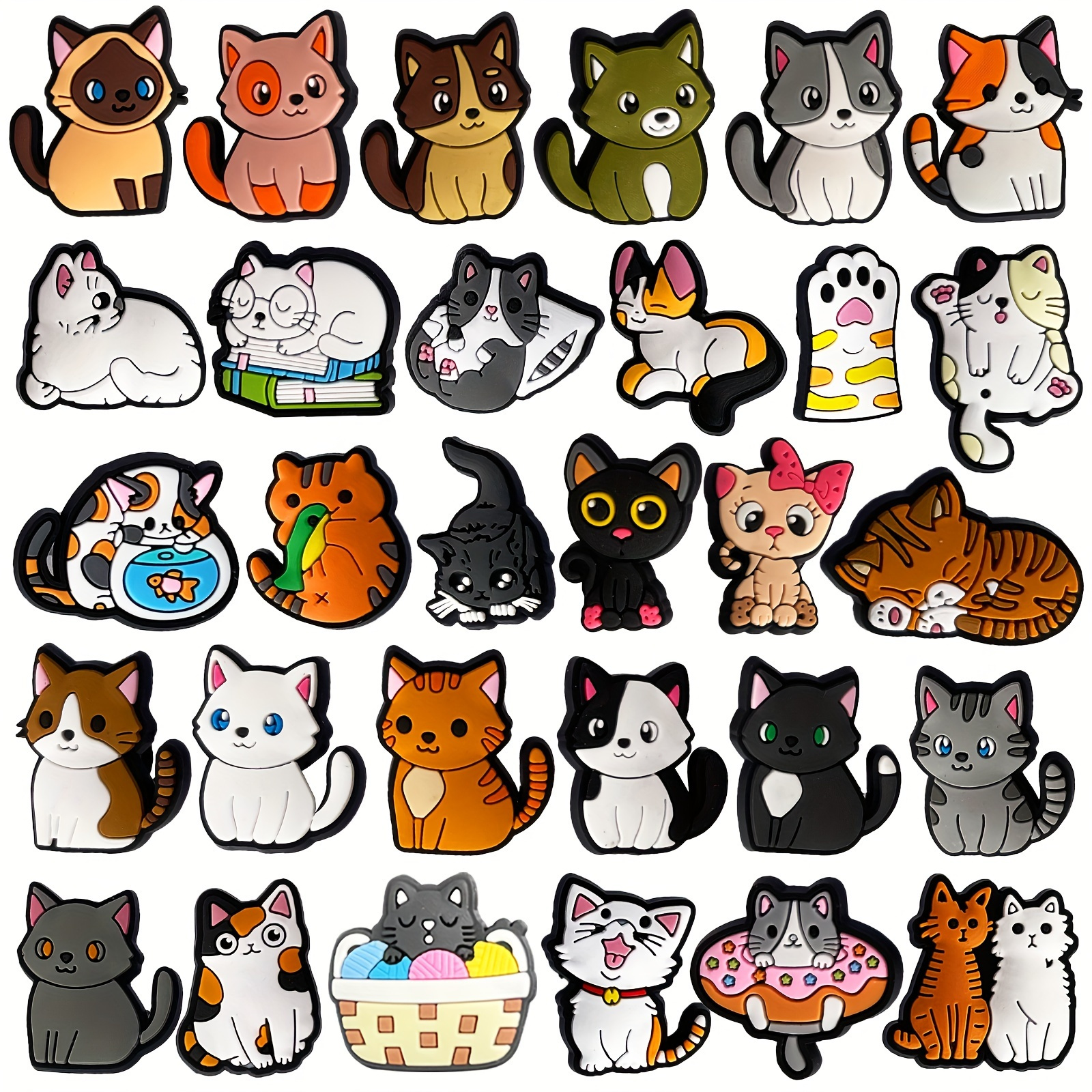 

30pcs Cute Cat Theme Shoe Charms - Colorful Pvc Slipper Decorations For Sandals And Shoes