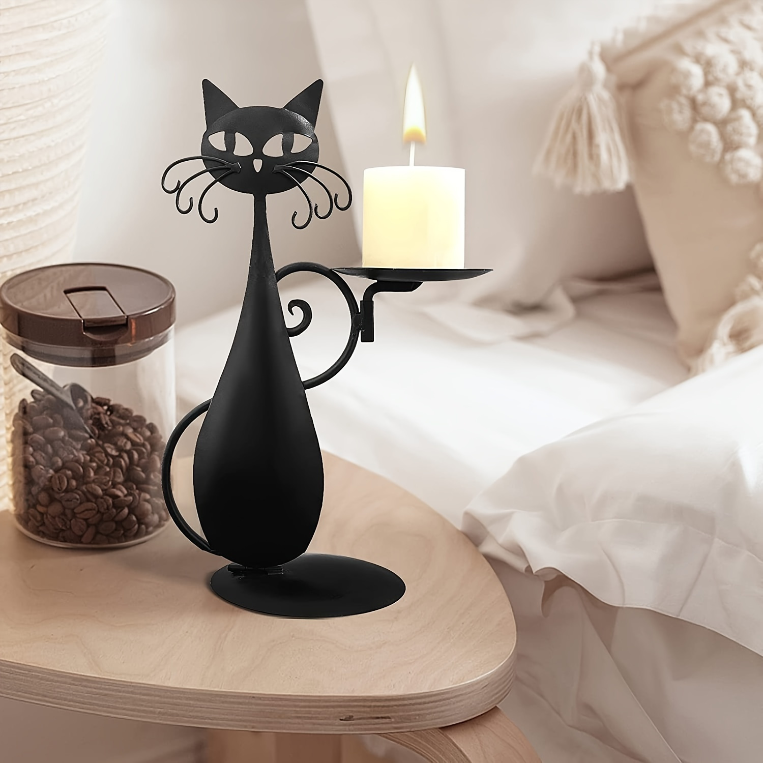 

1pc, Black Cat Candle Holder For Pillar Candle Led Flameless Candles, Retro Rustic Farmhouse Home Metal Cat Decor Candlestick For Centerpiece, Dining Table, Housewarming Gifts