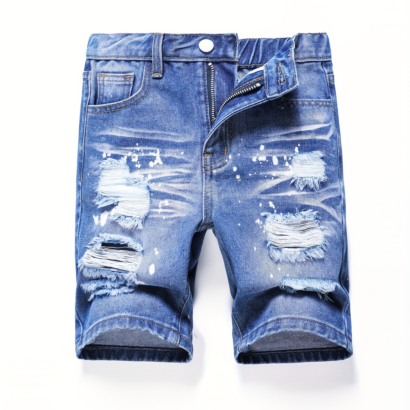 

Boys Casual Comfortable Ripped Denim Shorts With Pockets, Paint Splash Detail, Elastic Waist Shorts For Summer Outdoor