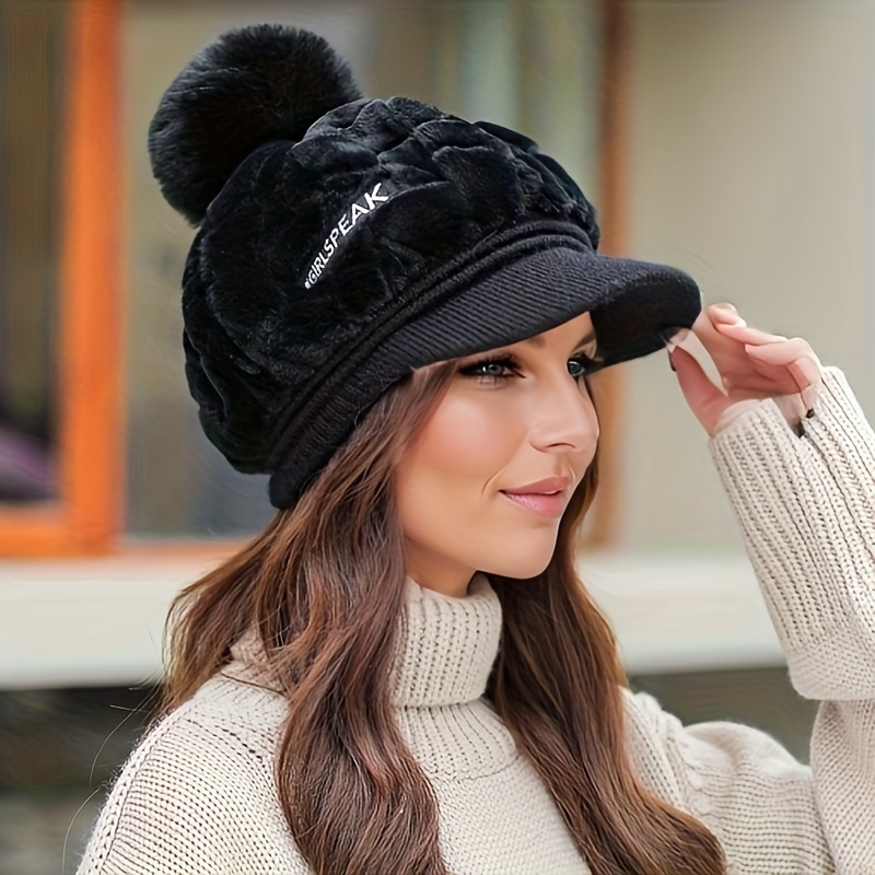 

Thickened Furry Beanie With Brim Elegant Coldproof Knit Hats Solid Color Warm Beret For Women Girls Autumn & Winter