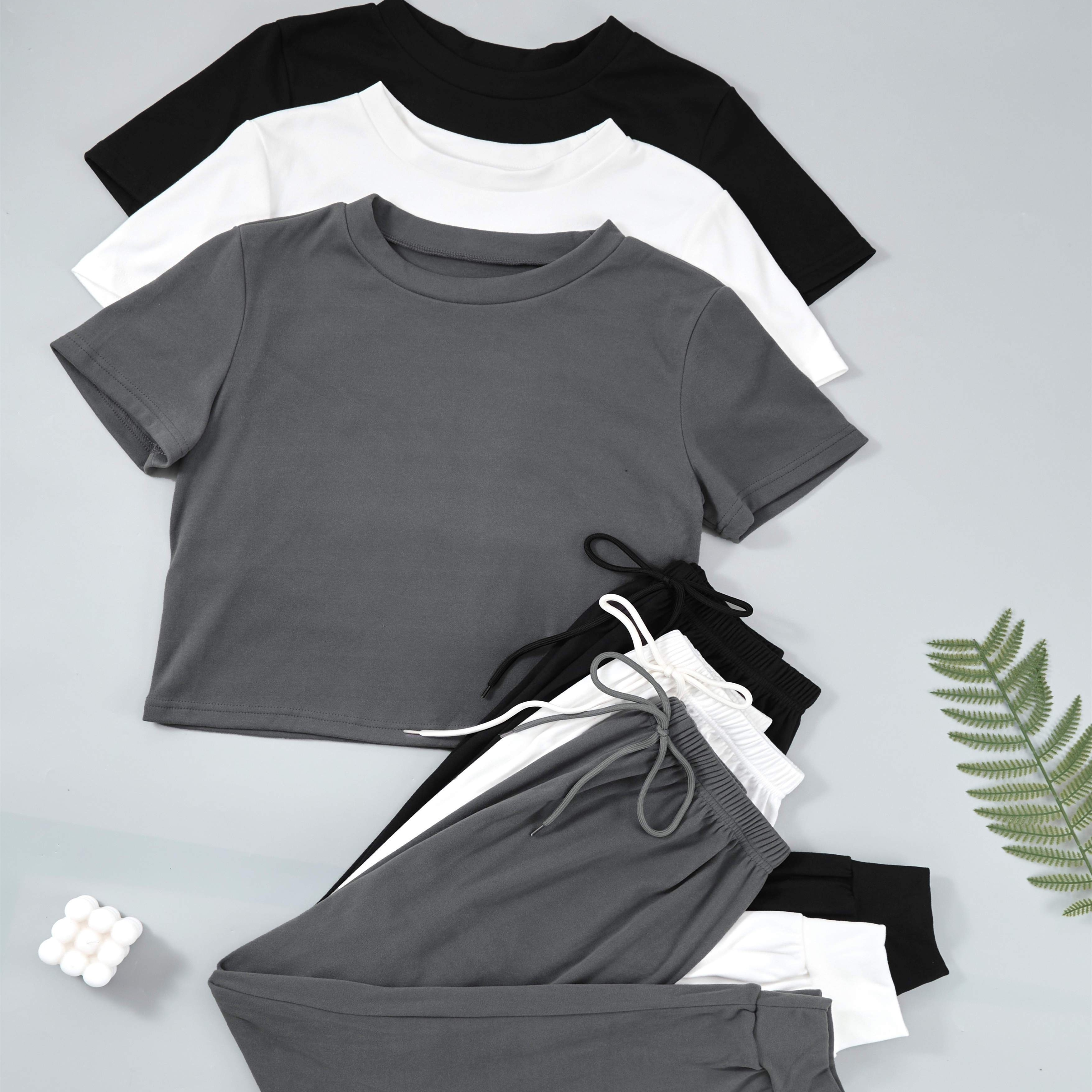 

3 Sets Simple Solid Pajama Set, Short Sleeve Round Neck Top & Drawstring Joggers, Women's Sleepwear