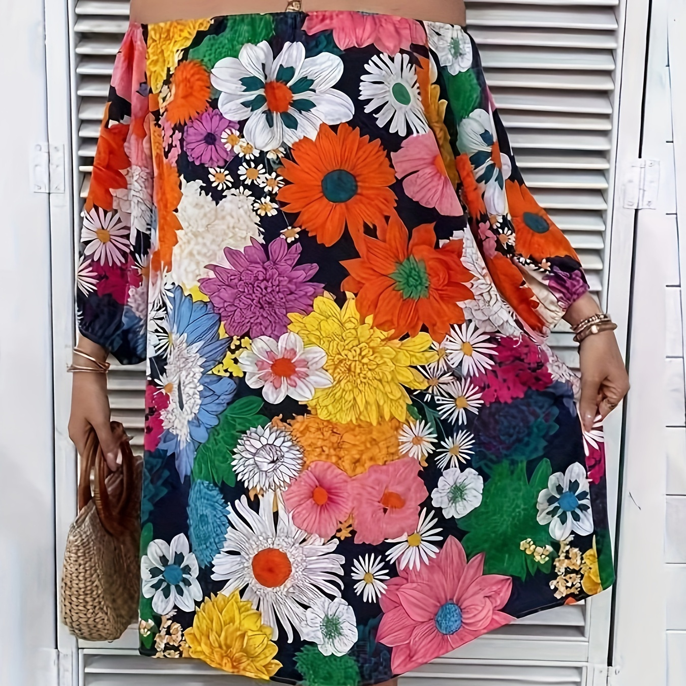 

Plus Size Floral Print Dress, Elegant Off Shoulder Dress For Spring & Summer, Women's Plus Size Clothing