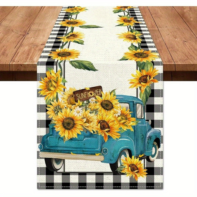 

1pc Table Runner, Rustic Sunflower Linen Table Runners, Farmhouse Vintage Blue Truck Table Runner With Floral Design, For Home Dinning Room And Restaurant, Home Supplies