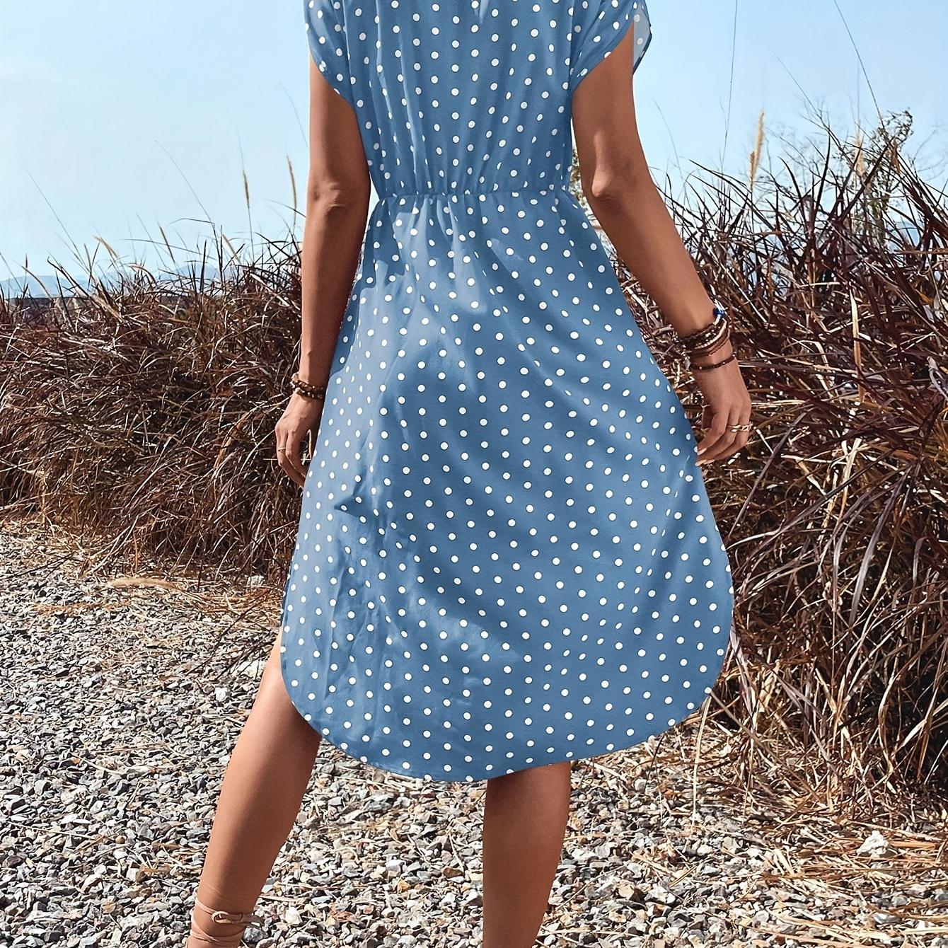 

Polka Dot Print Dress, Casual Button Decor V Neck Dress For Spring & Summer, Women's Clothing
