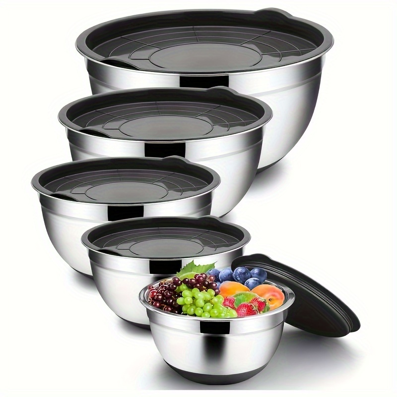 

5-piece Stainless Steel Mixing Bowl Set With Lids - Non-slip, Rust-resistant, Nesting Design For Cooking, Baking & Food Storage - Sizes 4.2, 2.5, 1.5, 1, And 0.67 Qt