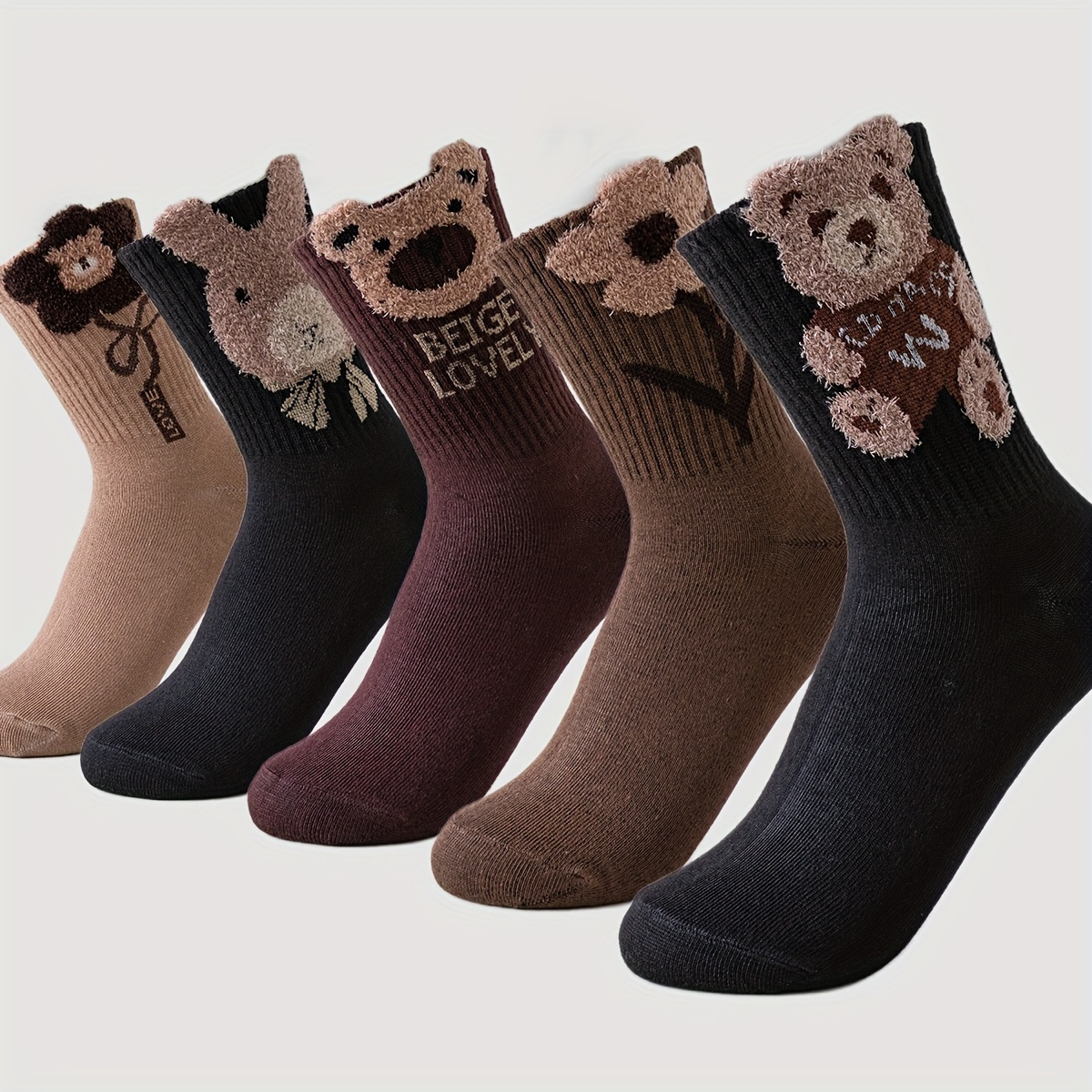 

5 Pairs Bear Pattern Socks, Cute & Warm Mid Tube Socks, Women's Stockings & Hosiery