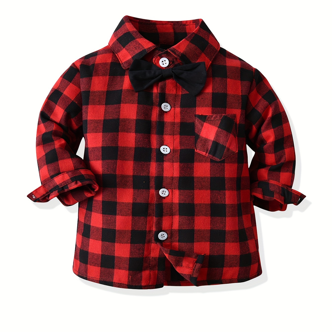 

Boy's Basic Plaid Bowtie Shirt, Kids Toddler Long Sleeve Preppy Casual Lapel Tee Tops With Pocket For All Seasons