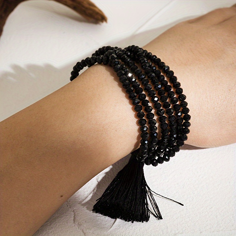 

1 Pc Creative Multi Layer Black Beads With Tassel Design Bracelet Vintage Bohemian Style Personality Female Hand Decor