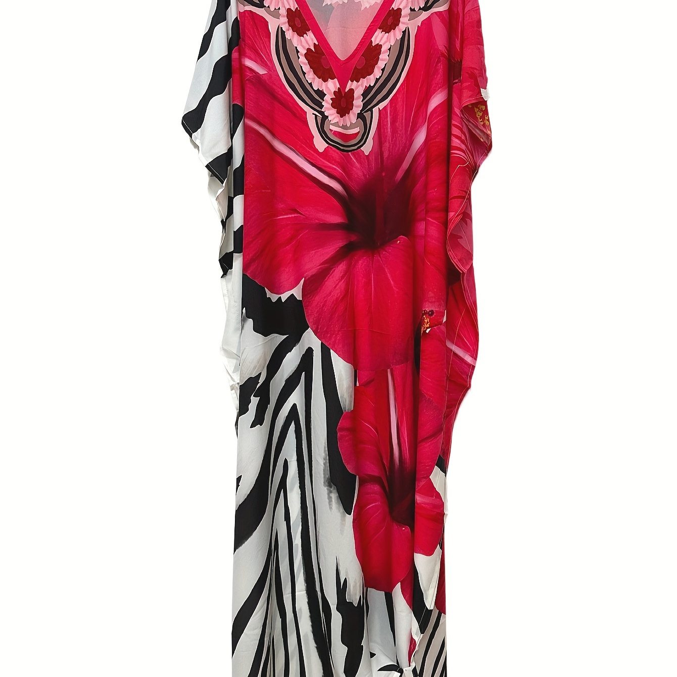 

Plus Size Boho Cover Up Dress, Women's Plus Colorblock Floral Print Bat Sleeve V Neck Slight Stretch Split Cover Up Dress