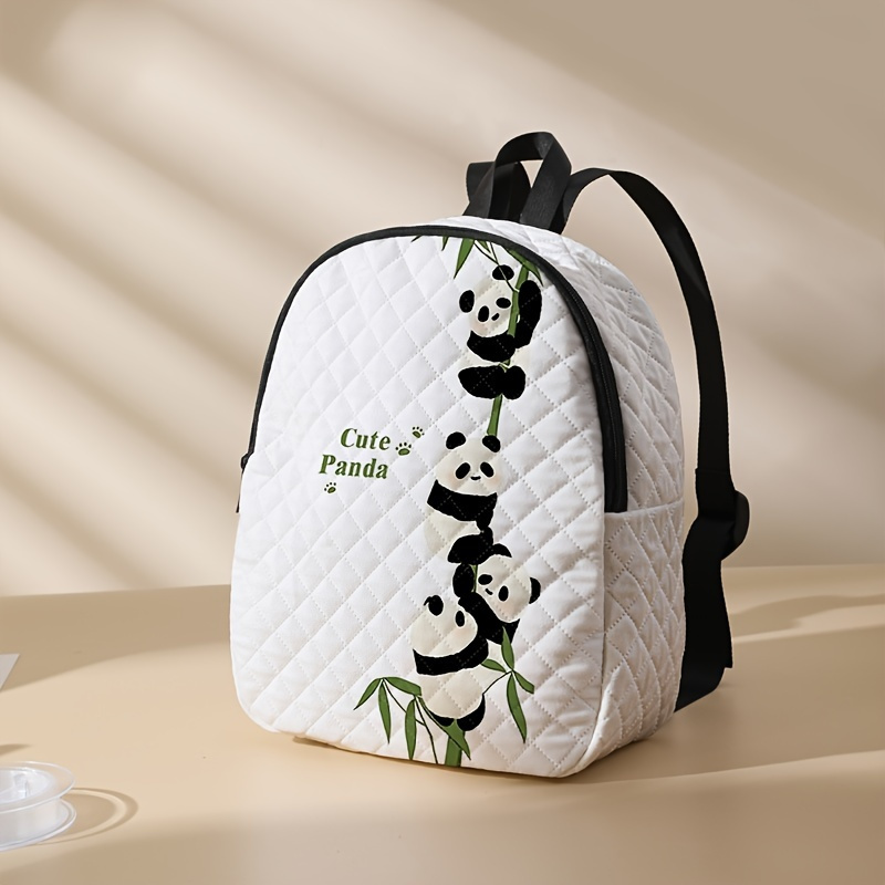 

Chic Panda Print Backpack - Casual Quilted Daypack With Zip Closure, Lightweight Polyester School & Office Bag For Women