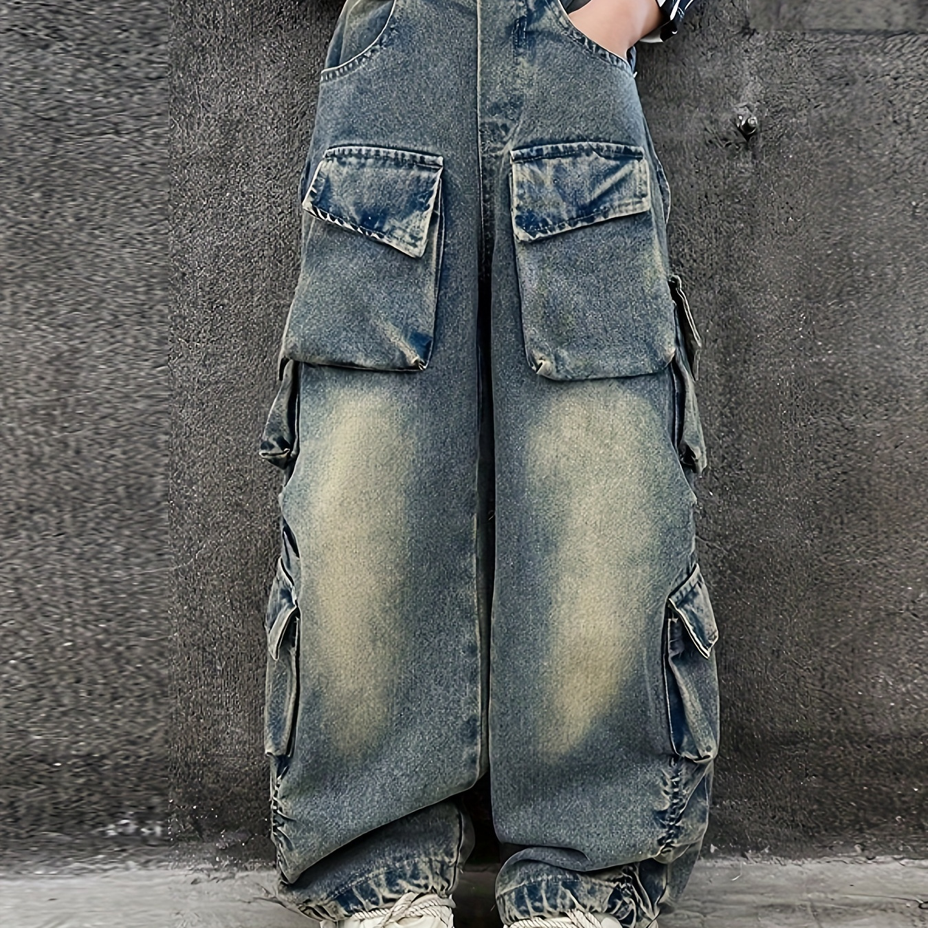 

Girls' Fashion Cargo Denim Jeans, Oversized Pockets, New Arrival, Casual Style, Trendy Streetwear, Wide Leg Pants For Kids And Teens, Fluid Pants