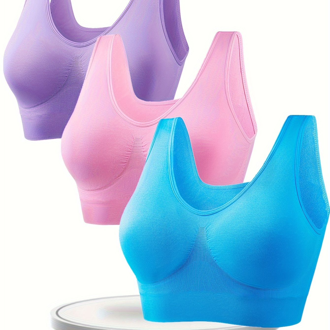 

3pcs Women's Sports Bras Set, Plus Size Solid Seamless Non Padded Wireless Yoga Running Bralette