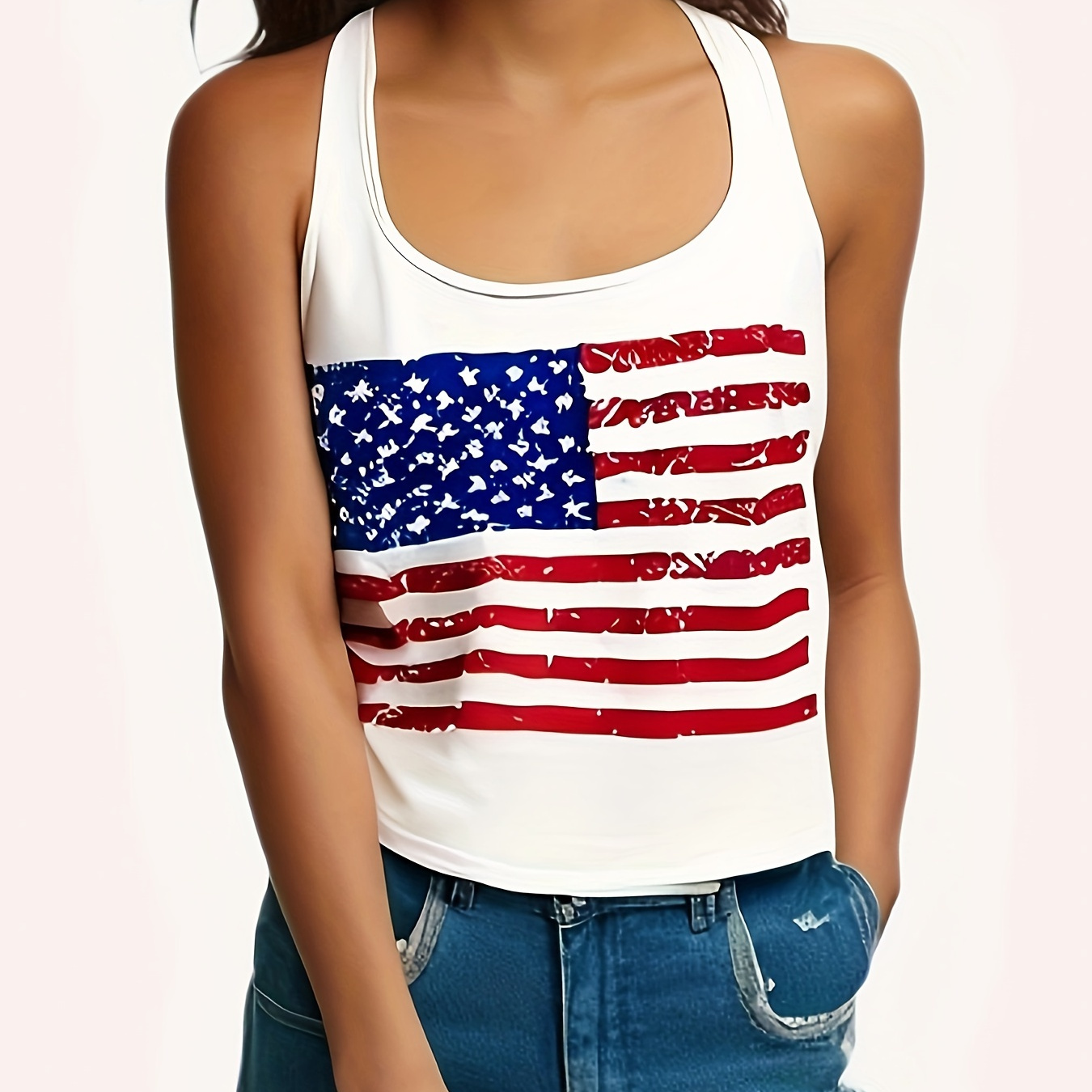 

American Flag Print Crop Tank Top, Y2k Scoop Neck Sleeveless Tank Top For Spring & Summer, Women's Clothing