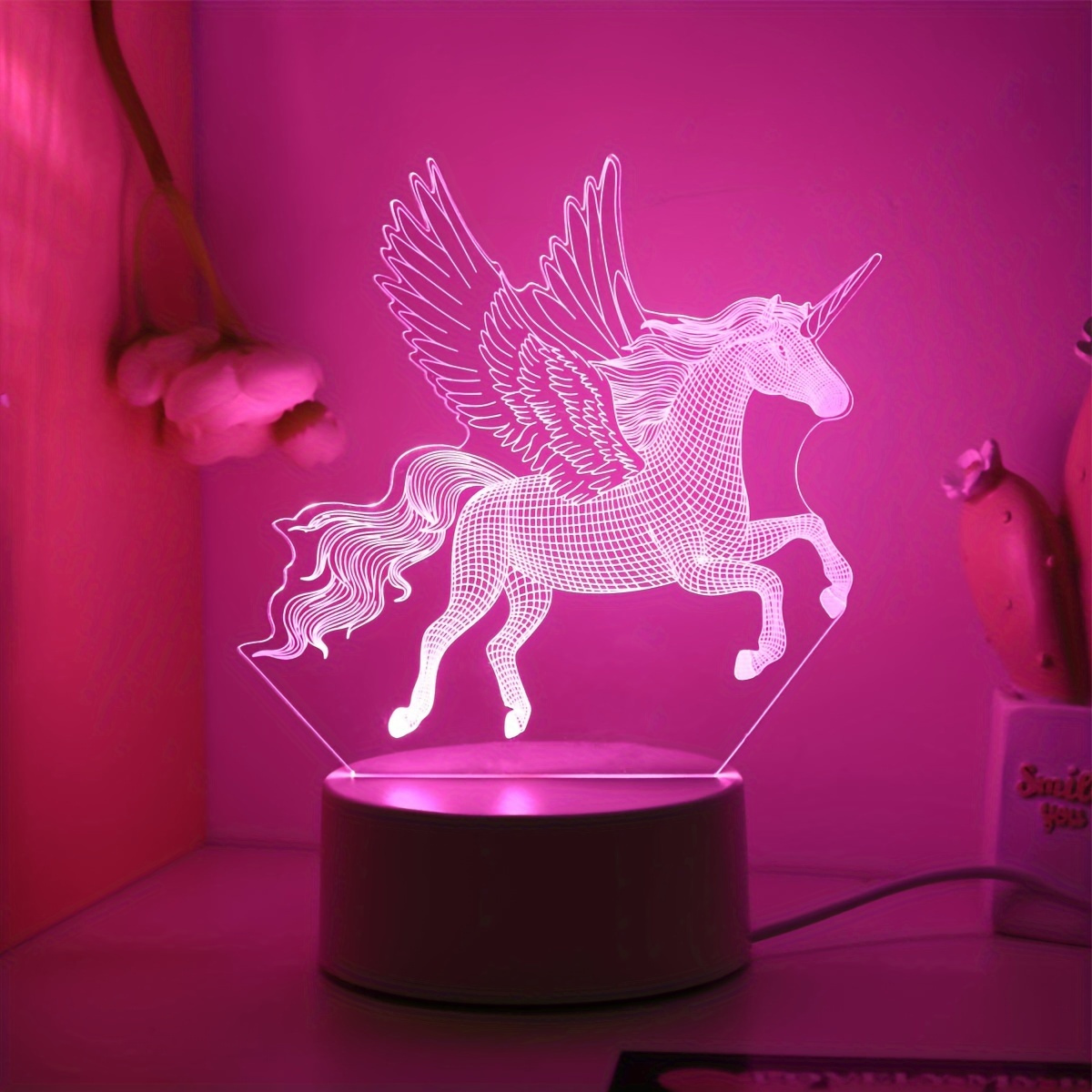 

1pc Pink Unicorn Flying Horse 3d Night Light, Bedroom Room Decoration Atmosphere Light