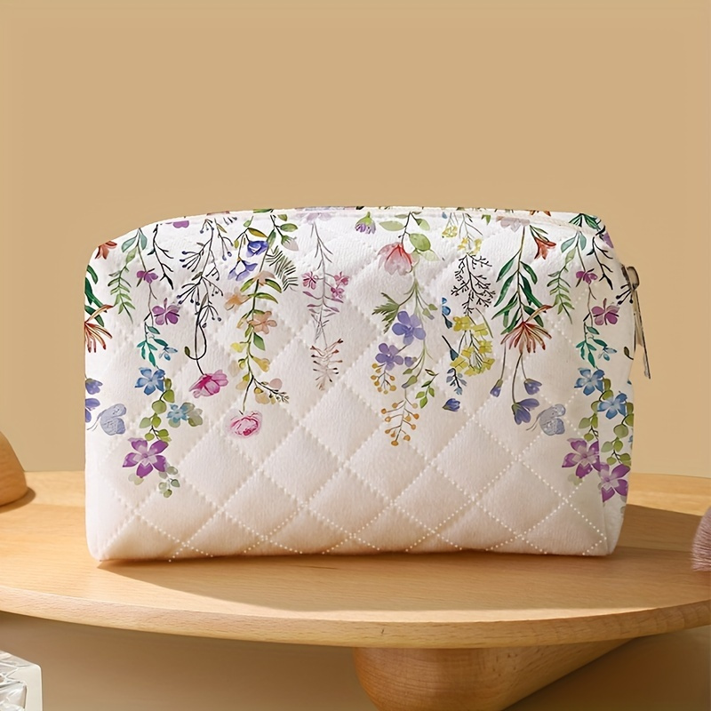 

Floral Print Quilted Cosmetic Bag - Polyester Non-waterproof Unscented Makeup Pouch With Zipper - Portable Multifunctional Storage Organizer For Travel