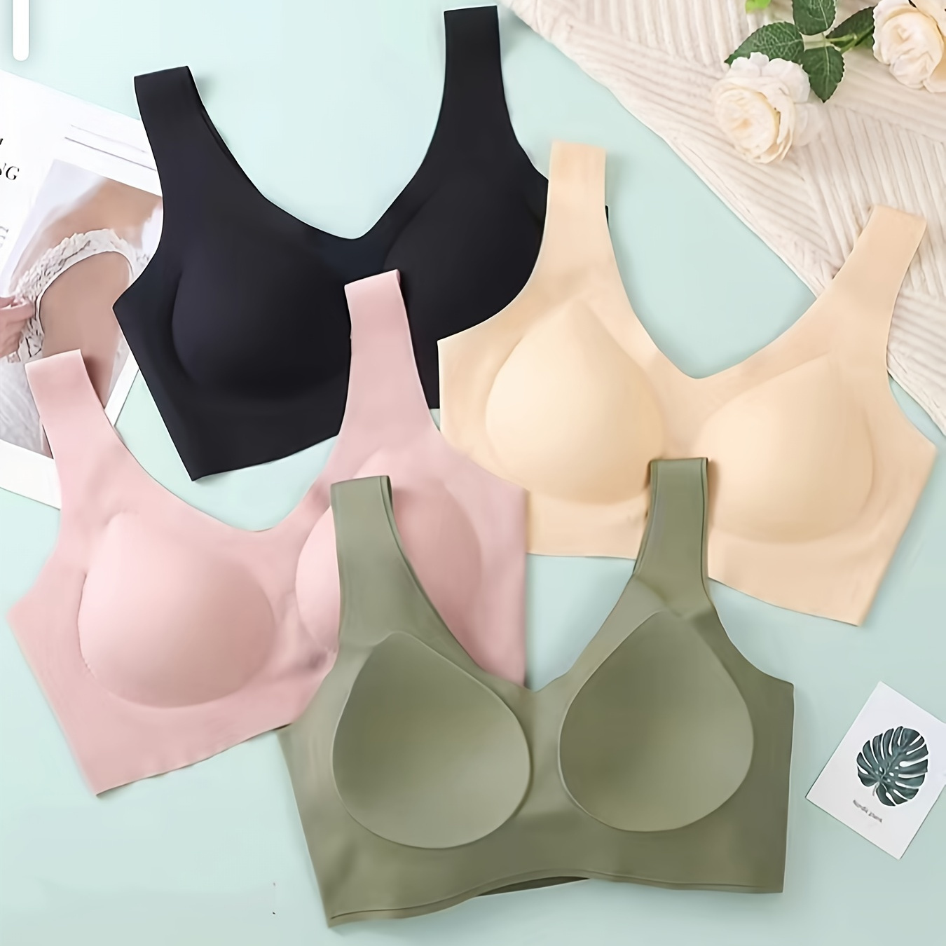 

4-pack Nylon Bralette Set, Seamless Slimming Backless Top, Plus Size, Solid Color, Casual Style, No-steel-wire Sports Bra For Women, Adult, Knitted Fabric, Non-removable Pads