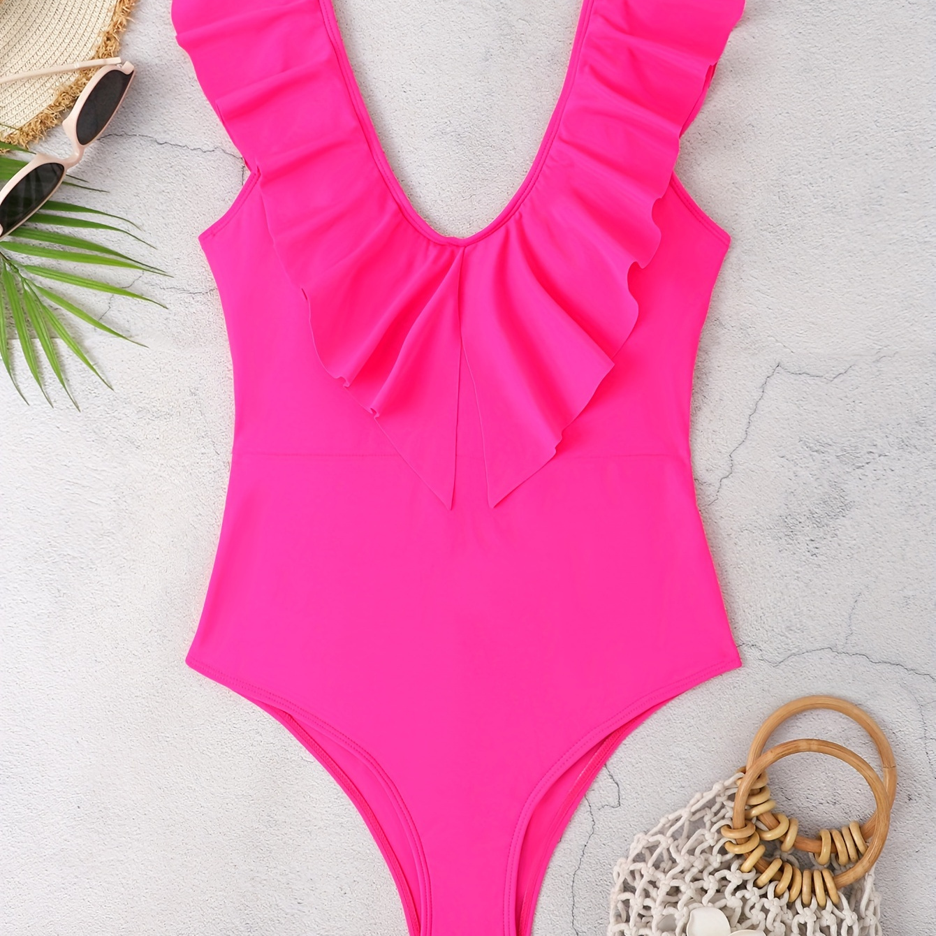 

Pink Ruffle V Deep V Neck Swimsuit, High Cut Tummy Control Solid Color Stretchy Elegant Bathing Suit For Beach Pool, Women's Swimwear & Clothing Valentine's Day
