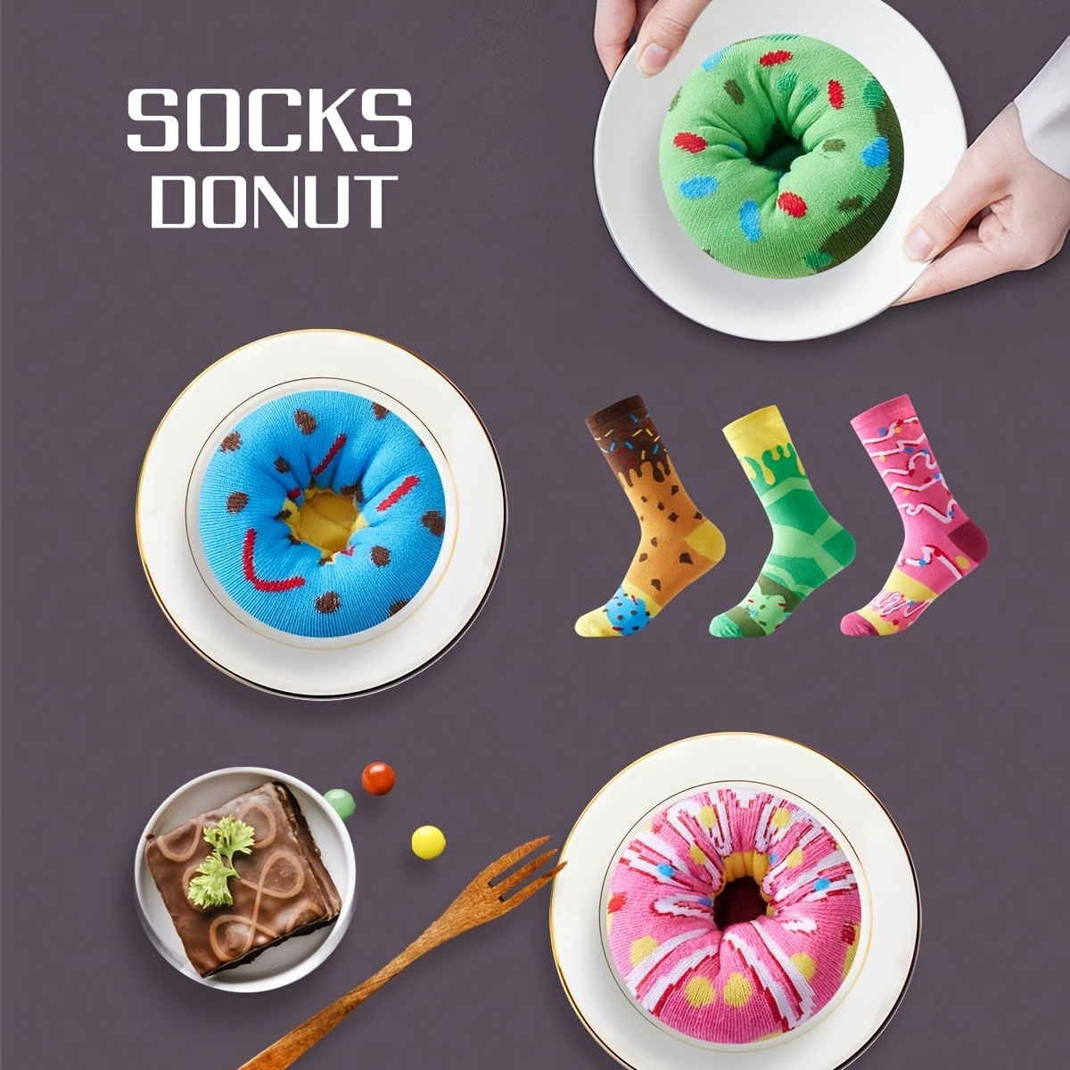 

3 Pairs Of Men's Fun Novel Donut Design Anti Odor & Sweat Absorption Fashion Crew Socks, Comfy & Breathable Socks, For Gifts, Parties And Daily Wearing