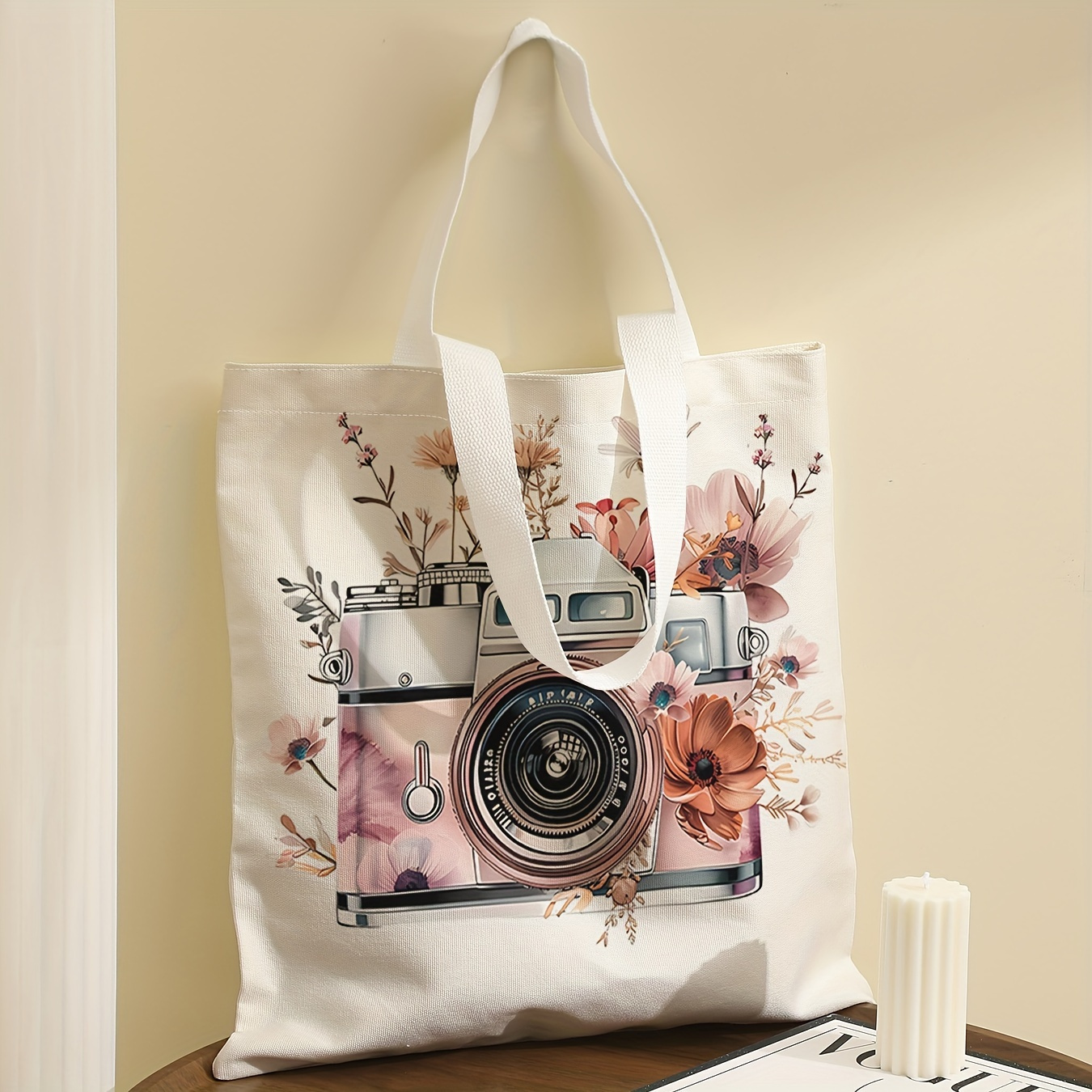 

Camera Pattern Casual Tote Bag, Fashionable And Reusable Shoulder Bag, Multi-functional Handbag, Canvas Shopping Bag